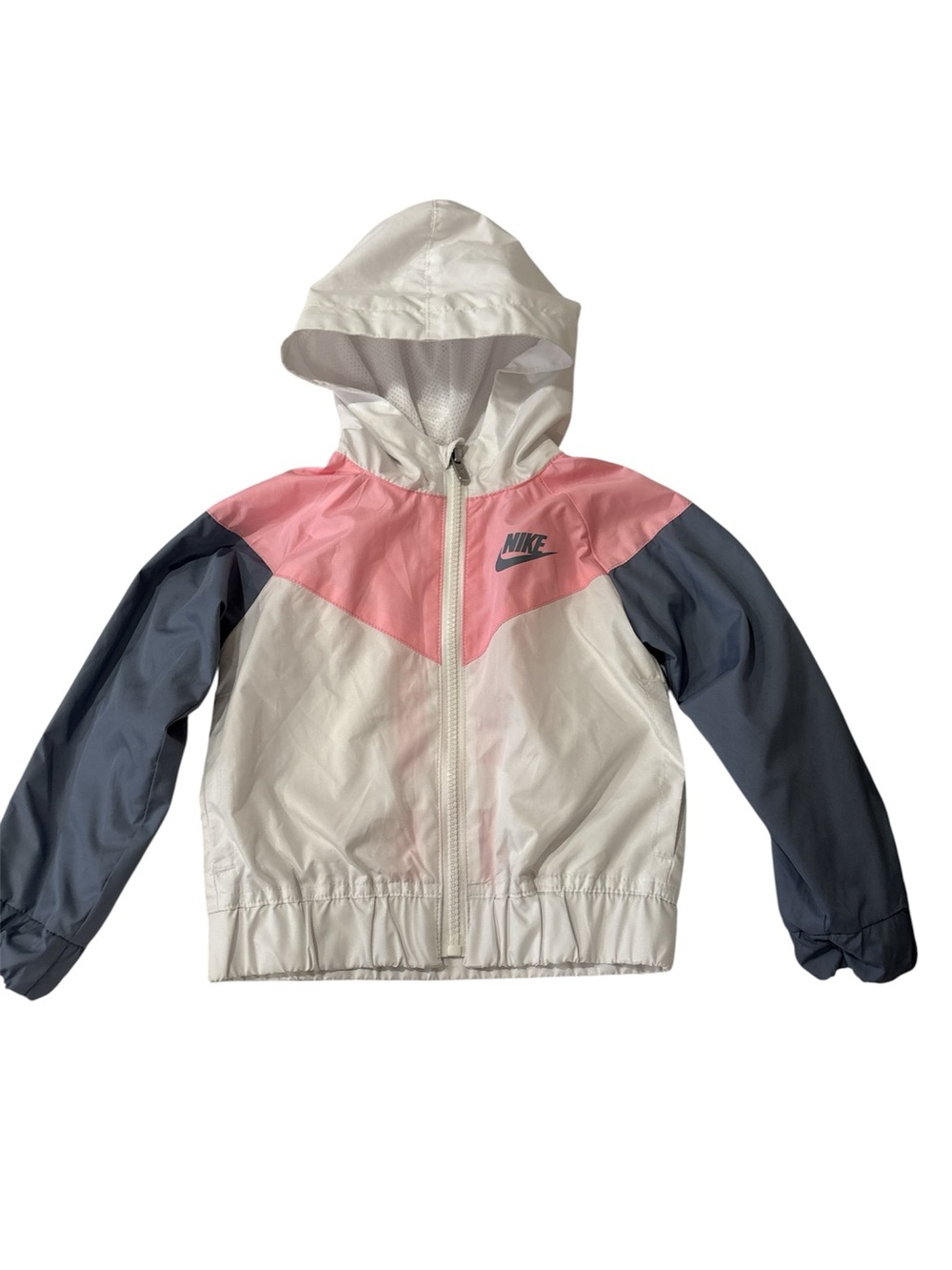 Nike Windrunner toddler jacket in white pink and grey with an attached hood 2t